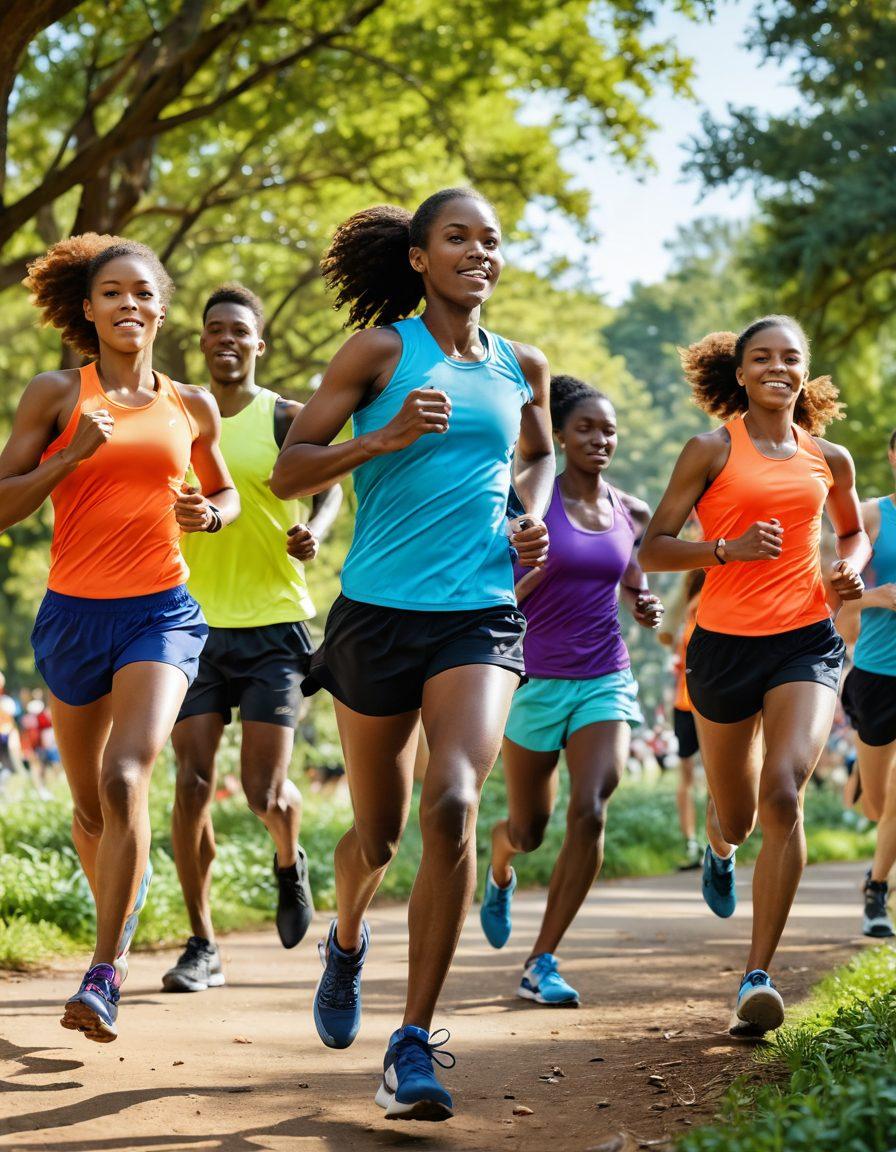 A dynamic scene depicting a diverse group of runners in action, showcasing a variety of high-quality fitness equipment like running shoes, smartwatches, and hydration packs. The background features a sunlit park with vibrant greenery and cheering spectators, infusing energy into the atmosphere. Include an array of colorful athletic apparel worn by the runners, highlighting style and performance. The image should convey a sense of motivation and aspiration. super-realistic. vibrant colors. outdoor setting.