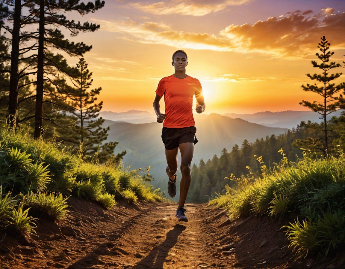 A dynamic scene depicting runners of various skill levels on a vibrant trail, showcasing a novice runner looking at a pro runner ahead for inspiration. Include motivational elements like a sun rising in the background, symbolizing growth and new beginnings. Highlight elements representing tips, such as outlined courses, water bottles, and running shoes scattered along the path. Create an atmosphere of determination and achievement, portraying both training and excitement. super-realistic. vibrant colors. inspirational.
