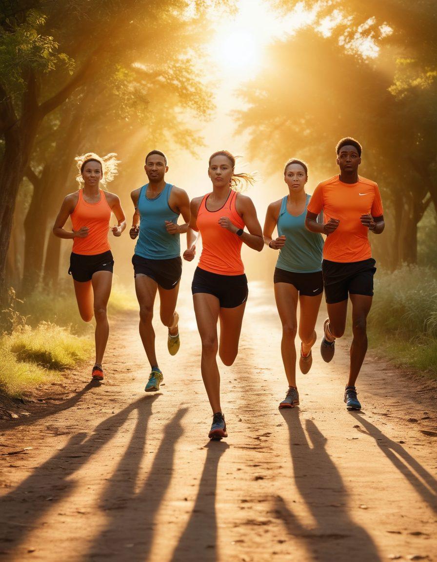 A dynamic scene of a diverse group of runners in an inspiring outdoor setting, showcasing varied paces and techniques. Include a light sunrise casting a warm glow, symbolic elements like open doors or keys in the background hinting at unlocking potential. Capture expressions of determination and joy on their faces. super-realistic. vibrant colors. nature backdrop.